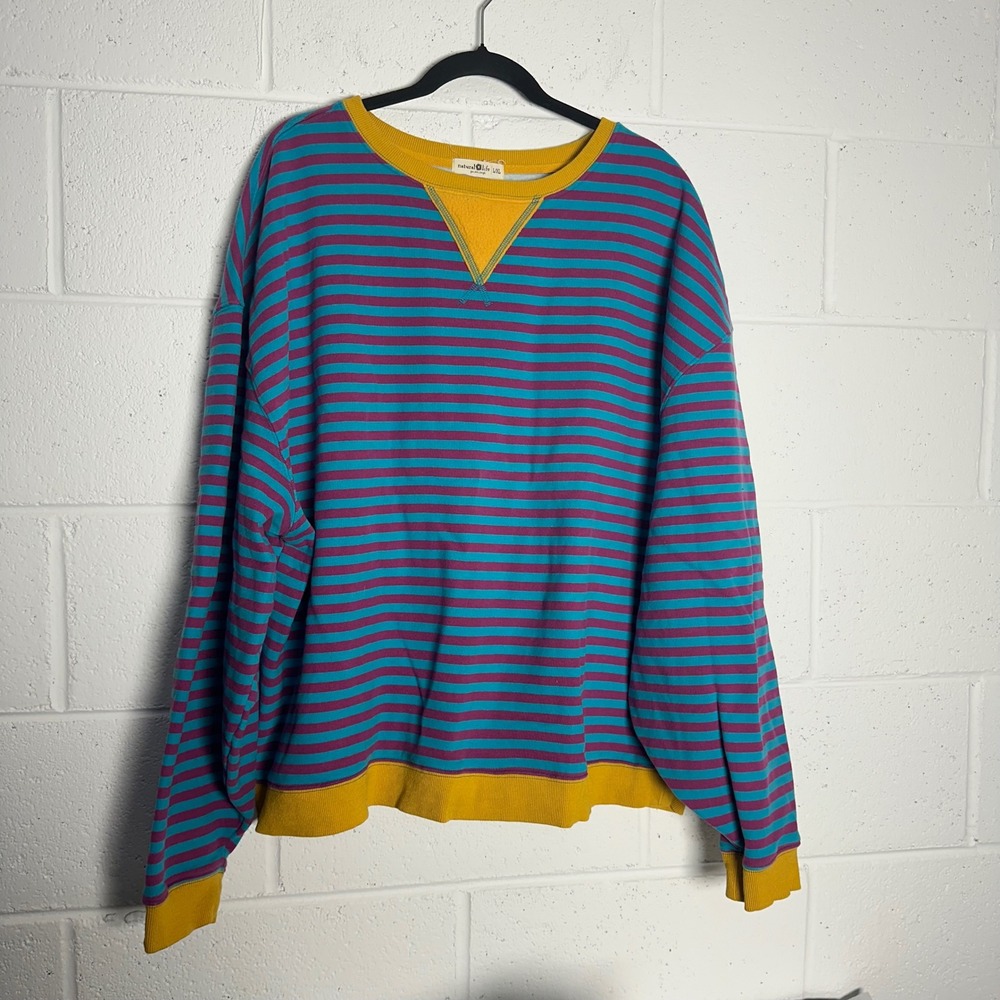 Natural Life Striped Sweatshirt Teal Purple Yellow Oversized Fleece L/XL